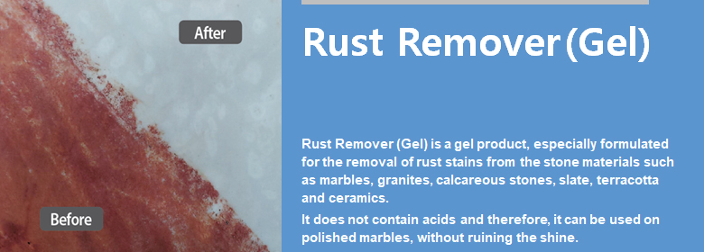 Rust Remover (Gel) is a gel product, especially formulated for the removal of rust stains from the stone materials such as marbles, granites, calcareous stones, slate, terracotta and ceramics. It does not contain acids and therefore, it can be used on polished marbles, without ruining the shine. Rust Remover (Gel) acts very quickly